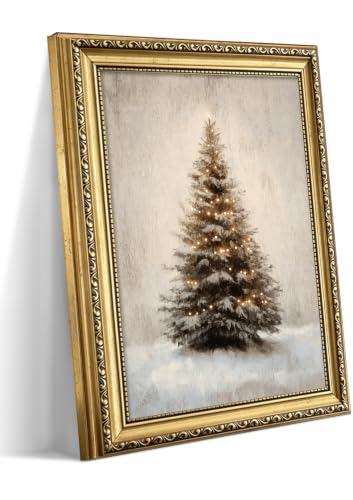 Christmas Tree Wall Art in Snow Frame - Rustic Pine Canvas Decor 16x24