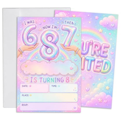 8th Birthday Invitations Rainbow Balloon Party Invites Pink - Pastel Rainbow Variation