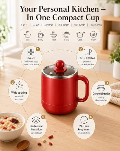 Electric Stewing Cup 27oz 6-in-1 Portable Cooking Kettle Beige with Filter