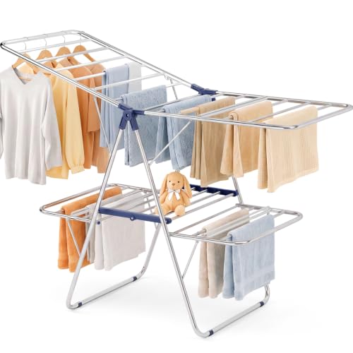 Large Dark Blue Stainless Steel 2-Tier Foldable Clothes Drying Rack - 57 Inches Max Height