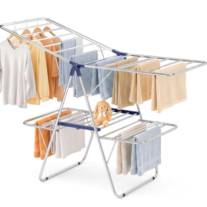Large Dark Blue Stainless Steel 2-Tier Foldable Clothes Drying Rack - 57 Inches Max Height