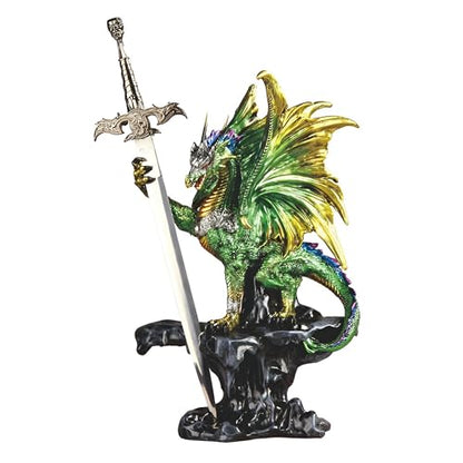 Green Dragon Figurine Sculpture - Sword on Cliff Home Decor Ornament