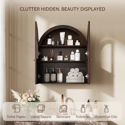 Vividwood Walnut Arched Wall Bathroom Cabinet 24x28 Inch with Glass Door & Adjustable Shelf - 1 Pack