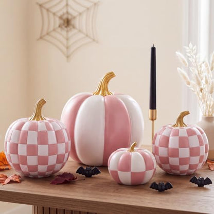 Pink and White Large Pumpkin Decor Set of 4 - Resin Checkered Halloween Ornaments