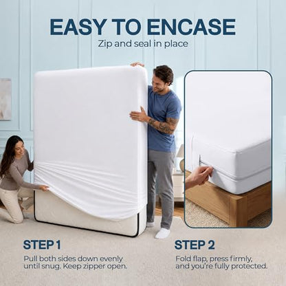 White Queen Size Waterproof Mattress Protector Encasement - Zippered Fit