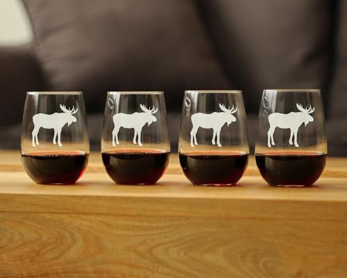 Moose Silhouette Stemless Wine Glass Set of 4 - 17 oz Cabin Gifts