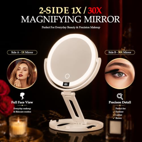 Travel Makeup Mirror with Lights - White, 1X/30X Double-Sided Magnification