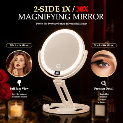 Travel Makeup Mirror with Lights - White, 1X/30X Double-Sided Magnification