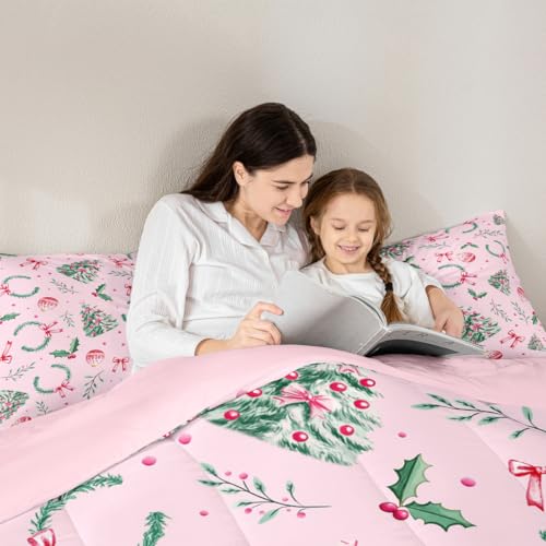 Merry Christmas Kids Comforter Set Twin Green Pink Yellow Xmas Bedding