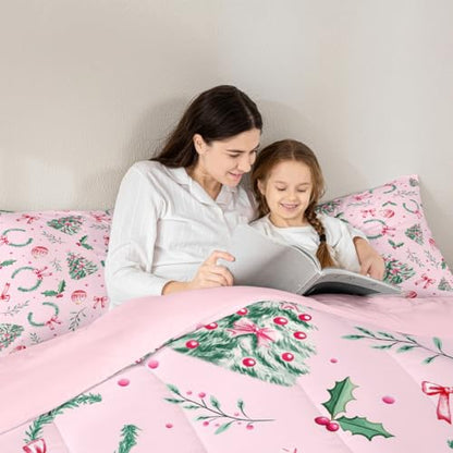 Merry Christmas Kids Comforter Set Twin Green Pink Yellow Xmas Bedding