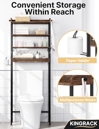 KINGRACK Brown 4-Tier Over-the-Toilet Bathroom Shelf with Hooks