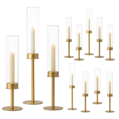 Hewory Gold Candlestick Holders Set of 12 - Glass Hurricane with Brass Bases, Matte Gold Variation