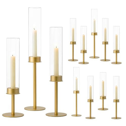 Hewory Gold Candlestick Holders Set of 12 - Glass Hurricane with Brass Bases, Matte Gold Variation