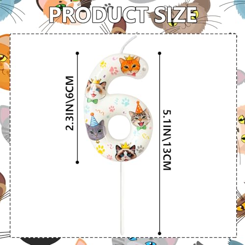 Party Cat Number Candle - Pet Themed Birthday Cake Topper - 6 - Paw Print Decoration for Cat Lovers