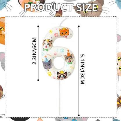 Party Cat Number Candle - Pet Themed Birthday Cake Topper - 6 - Paw Print Decoration for Cat Lovers