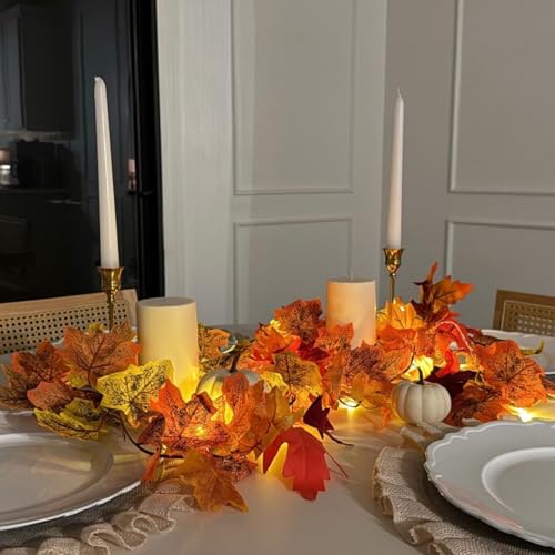48FT Fall Leaf Garland with Lights - 8 Pack Autumn Decor for Halloween Thanksgiving