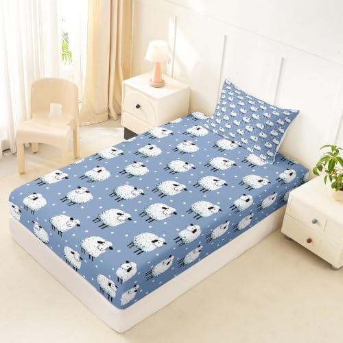 Blue Twin Size Cartoon Sheep Fitted Sheet Set with Pillowcase - Farm Animal Theme Deep Pocket Bedding for Kids Boys Girls Room Decor