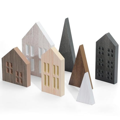 Wooden Christmas Village Houses Set with Trees - Rustic Holiday Decor