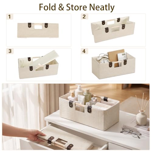 Foldable Fabric Toilet Paper Storage Basket with Wooden Handles - Beige