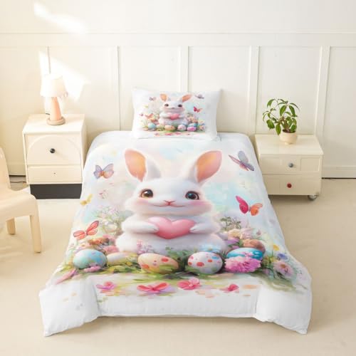Watercolor White Bunny Duvet Cover Set Twin Size - No Comforter