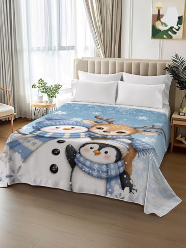 Misty Blue King Size Flat Sheet Christmas Snowman Deer Penguin Bedding Winter Snowflake