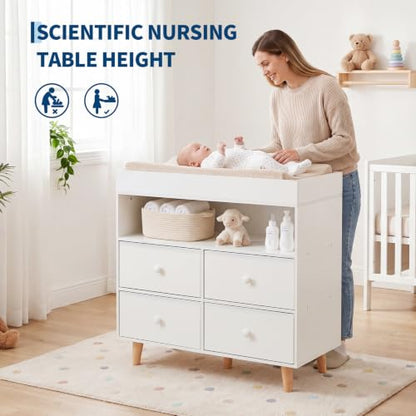 Baby Changing Table with 4 Drawers & Shelves - White Nursery Dresser