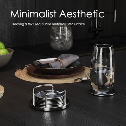 Silver Stainless Steel Coaster Set with Holder - 6 Modern Round Drink Coasters with Non-Slip EVA Base