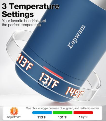 Kepwam Heated Coffee Mug 16oz with Steel Blue Finish - Temp Control, 3 Settings