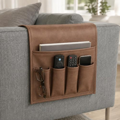 Brown Leather Sofa Armrest Organizer for Couch & Recliner – Waterproof Multi-Pocket Couch Caddy with Magazine & Small Item Storage - Variations of This Listing