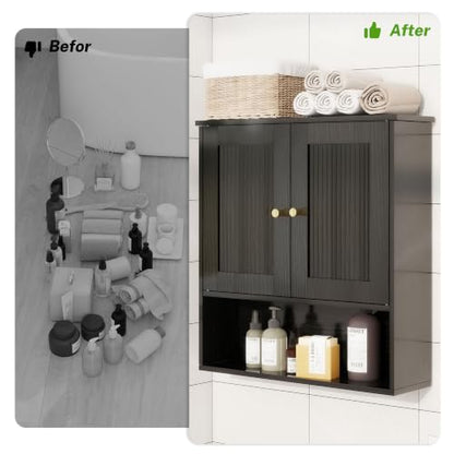 Bathroom Wall Cabinet Over Toilet - Black Fluted Medicine Cabinet with Adjustable Shelves