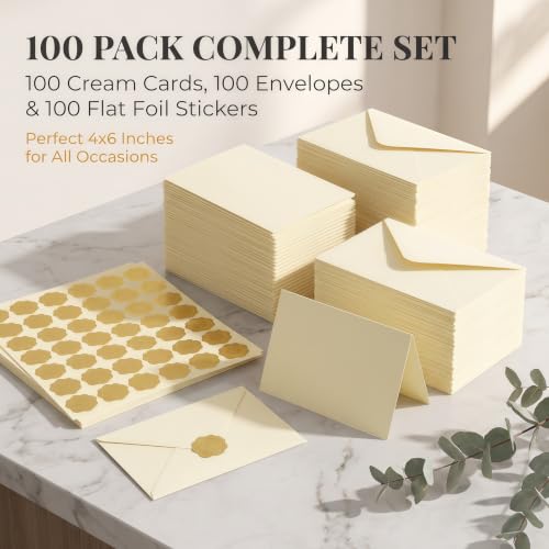 100 Pack Cream Blank Cards and Envelopes with Stickers - 4x6 Inch Stationery Set