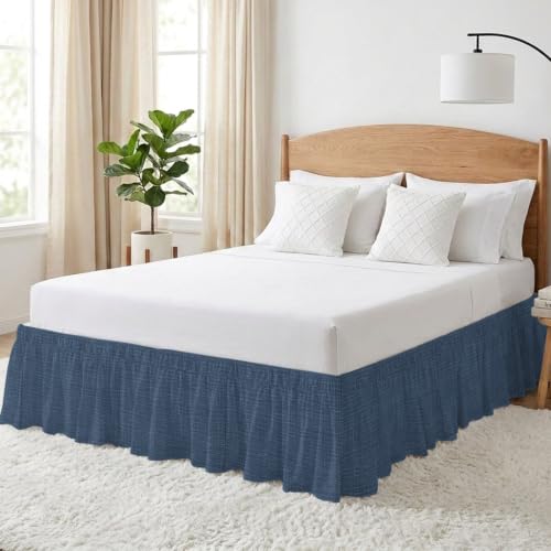 Dark Blue Queen Size Bed Skirt 16-Inch Drop Elastic Dust Ruffle Wrap Around