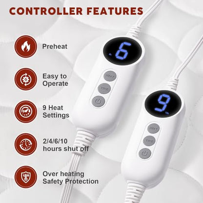 King Size Heated Mattress Pad with Dual Control - White, 9 Settings, Auto Off