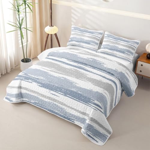 King Blue Grey Striped Quilt Set with Pillowcases - Modern Bedding, Grey Blue Variation