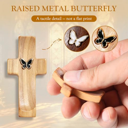 10-Pack Wooden Prayer Crosses with Metal Butterfly - Natural & Black Walnut