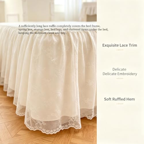 Cream White Ruffle Lace Bed Skirt for California King Bed - 17in Drop