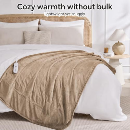 Electric Heated Blanket Throw - 50x60in Flannel Sherpa Cozy Warm Bedding - Khaki