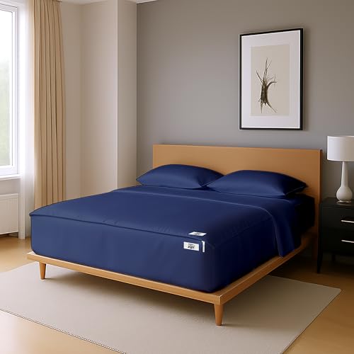 King Zipper Fitted Sheet 78x80 Inch Navy Blue 500TC Cotton Satin Deep Pocket