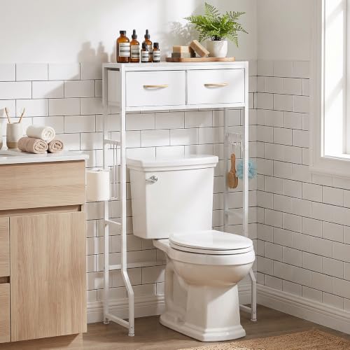 White Over The Toilet Storage Cabinet with 2 Fabric Drawers Bathroom Organizer