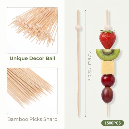 1500 Pack Wooden Cocktail Picks with Ball Top - 4.7 Inch Food Skewers for Drinks & Appetizers