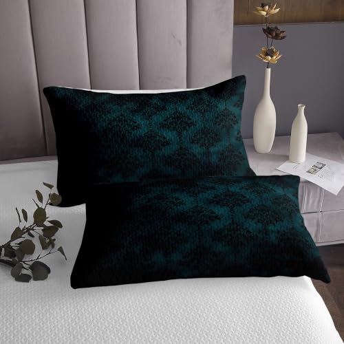 Castle Fairy Damask Bedspread Quilt Set King Teal Black Vintage Floral with Pillow Shams
