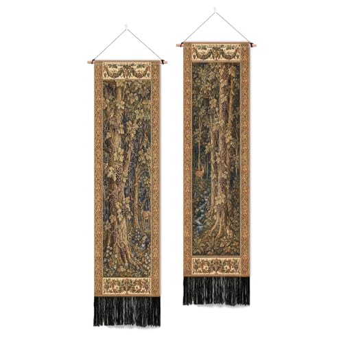 Medieval Tree Wall Tapestry Set - Vintage Long Wall Hanging with Tassels, 2 pcs