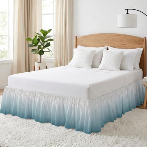Blue Ombre Queen Bed Skirt 16 Inch Drop Elastic Wrap-Around Dust Ruffle Ocean Blue
