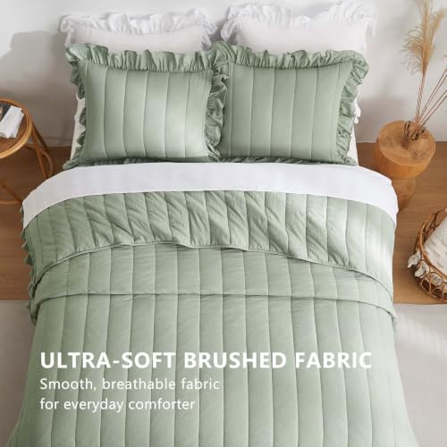 Sage Green Ruffle Queen Quilt 3 Piece Bedspread Set - Lightweight & Soft