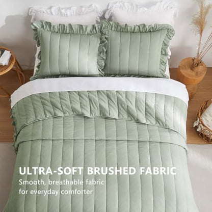 Sage Green Ruffle Queen Quilt 3 Piece Bedspread Set - Lightweight & Soft