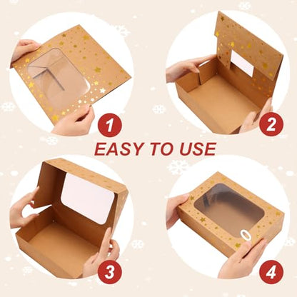 Christmas Brown Holiday Cookie Boxes with Gold Star & Viewing Window - 24 Pack, 9x6x3 Inches
