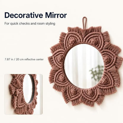 Small Boho Wall Mirror with Macrame Frame - Coffee Brown Home Decor