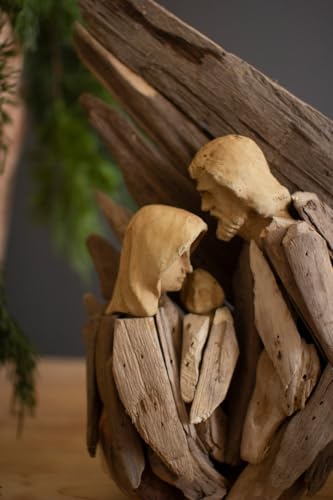 Driftwood Holy Family Nativity Figurine with Protective Wing - Rustic Religious Decor