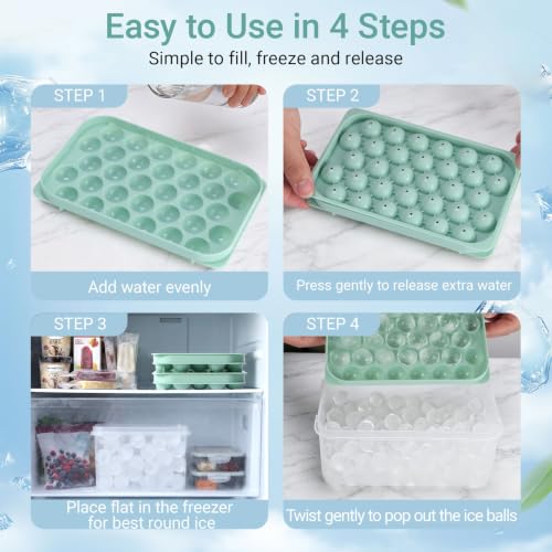 Mini Ice Cube Trays with Lid & Bin - 64 Round 0.8 Inch Ice Balls, 2 Pack