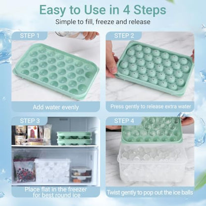Mini Ice Cube Trays with Lid & Bin - 64 Round 0.8 Inch Ice Balls, 2 Pack
